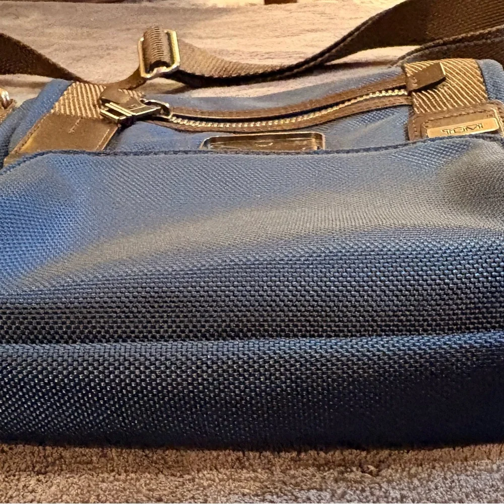 Tumi Blue Messenger Bag with Brown Trim
